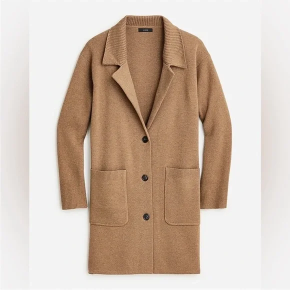 J Crew Camel Tan Oversized Wool Cotton Collared Sweater Jacket Size Medium - Picture 3 of 12